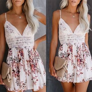 •Deep V Neck White Spaghetti Strap Floral Romper•